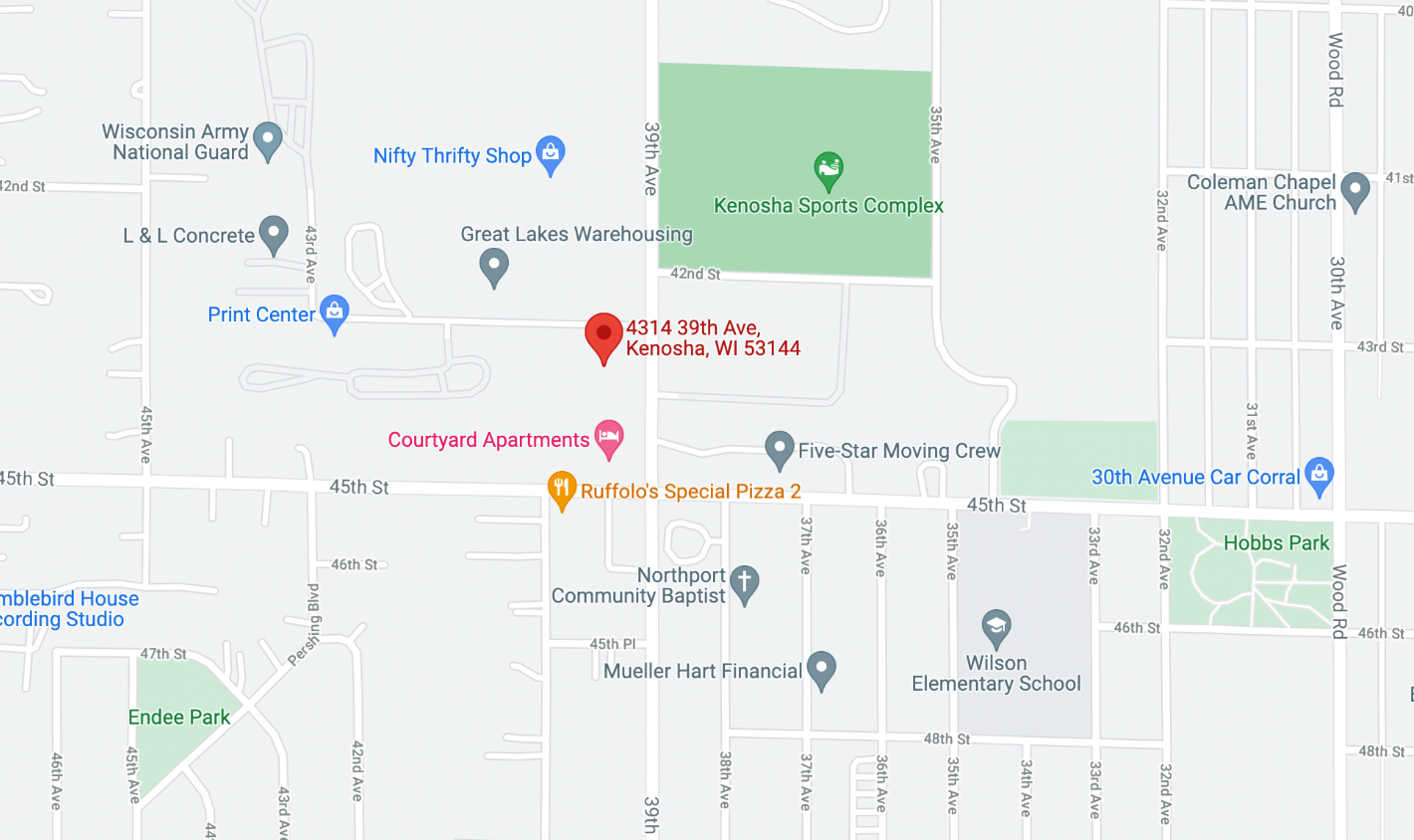 Find us on the west side of 39th Avenue, across from the Kenosha Transit bus station