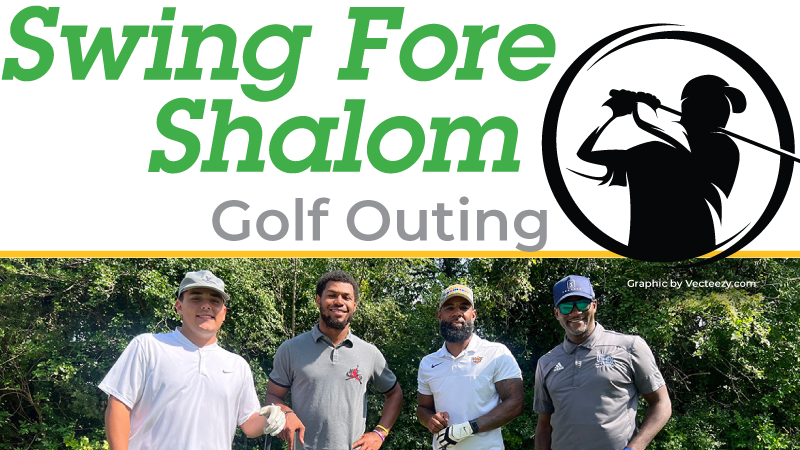 Swing Fore Shalom Golf Outing logo with 4 men holding golf clubs